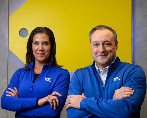 Best Buy Chief Executive Officer Corie Barry (left) with Chief Customer, Product and Fulfillment Officer Jason Bonfig. Bonfig has been selected to succeed Barry as the next CEO at Best Buy.